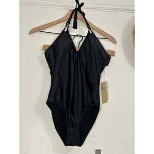 PilyQ Women's Black Halter One Piece Swimsuit Ring Detail Size 6 Originally $134